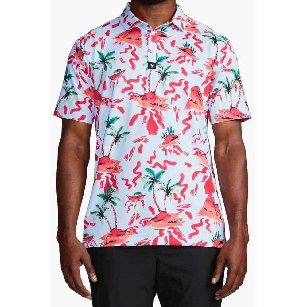 Bad Birdie Red Rocks Men's Short Sleeve Golf Polo Shirt Small Blue Red Volcano
